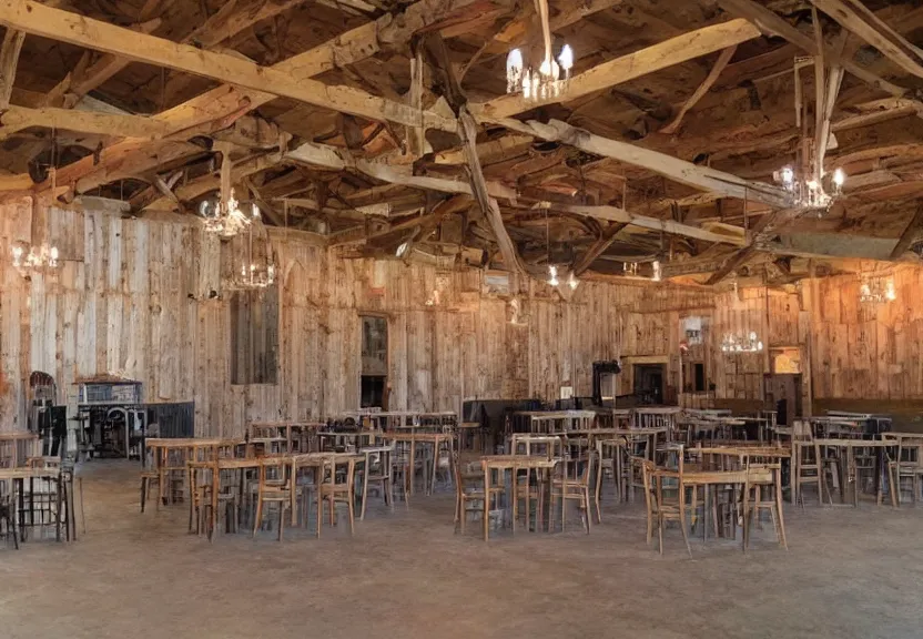 Image similar to 30ft x 50ft interior barn renovation as intimate folk music event space with bar and cafe tables 8k photorealistic
