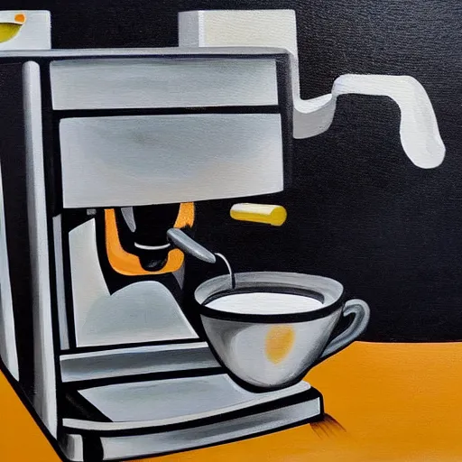 Image similar to a painting of a humanoid espresso machine that makes coffee from human souls