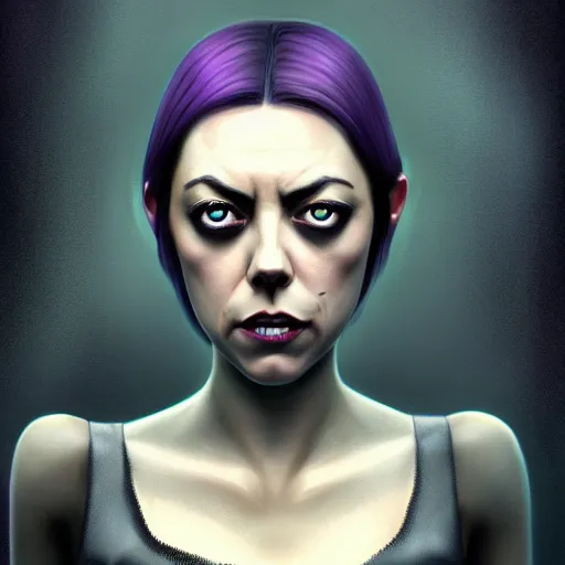 Prompt: Aubrey Plaza dark witch, purple eyes evil smile, black magic, realistic character concept, full body, sinister pose, scary magical background, illustration, slender symmetrical face, symmetrical eyes, realistic body, artstation, cinematic lighting, hyperdetailed, cgsociety, 8k, high resolution, Charlie Bowater, Tom Bagshaw, insanely detailed and intricate, vfx, postprocessing