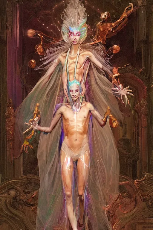 Image similar to full-body rococo and cyberpunk delicate neon crystalline sculpture of ((muscular slender albino prince Zayn Malik con la piroca dura)) as an iridescent humanoid deity wearing a thin see-through ((plastic hooded cloak)) sim roupa (holding a human skull), reclining con (((las piernas abiertas))), glowing pink face, crown of (((white lasers))), large diamonds, swirling black silk fabric. futuristic elements. oozing glowing liquid, full-length view. space robots. intricate artwork by caravaggio. Trending on artstation, octane render, cinematic lighting from the right, hyper realism, octane render, 8k, depth of field, 3D