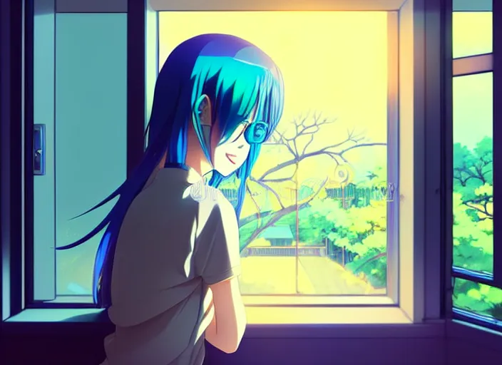 Image similar to anime visual, full body illustration a young woman with blue hair looking out her bedroom window at midnight, cute face by ilya kuvshinov, yoshinari yoh, makoto shinkai, katsura masakazu, dynamic perspective pose, detailed facial features, kyoani, rounded eyes, crisp and sharp, cel shad, anime poster, ambient light,