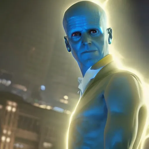 Image similar to A still of Dr. Manhattan as John Constantine, award winning photo, unreal engine, highly detailed features