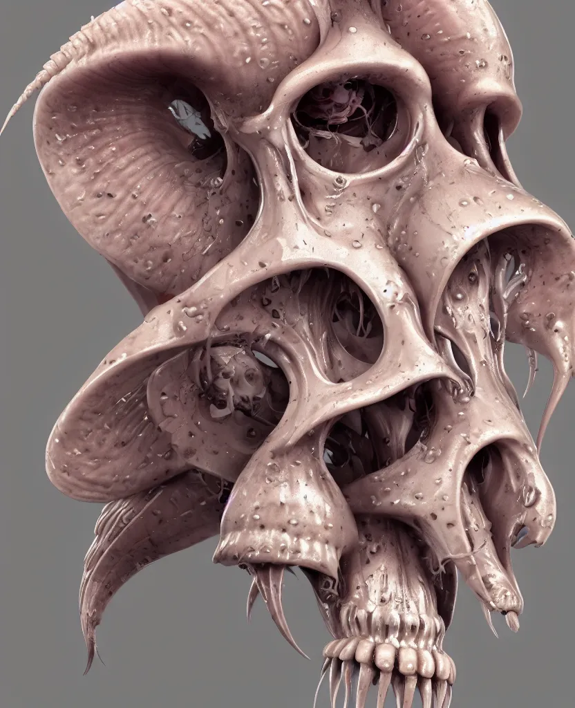 Image similar to goddess princess face close-up portrait ram skull. hard surface modelling zbrush and octane render. jellyfish phoenix head, nautilus, orchid, skull, betta fish, bioluminiscent creatures, intricate artwork by Tooth Wu and wlop and beeple. octane render, trending on artstation, greg rutkowski very coherent symmetrical artwork. cinematic, hyper realism, high detail, octane render, 8k