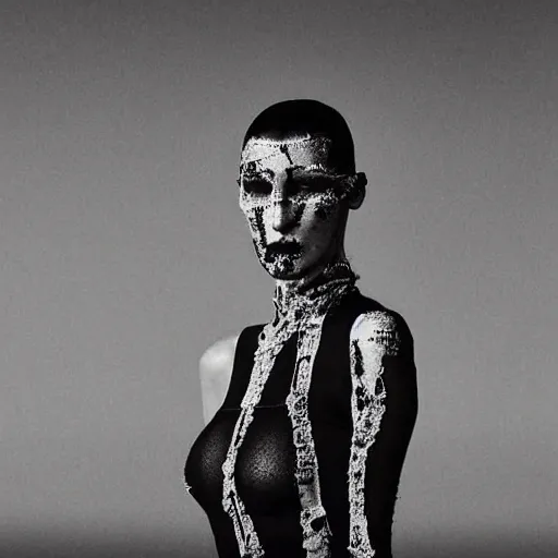 Image similar to bella hadid as maison margiela model on rammstein show. alexander mcqueen best fashion performance. exposure. mysterious. tape photo. processing. lost photo. deep dream effect. award wining photography.. perfect composition. photography masterpiece.