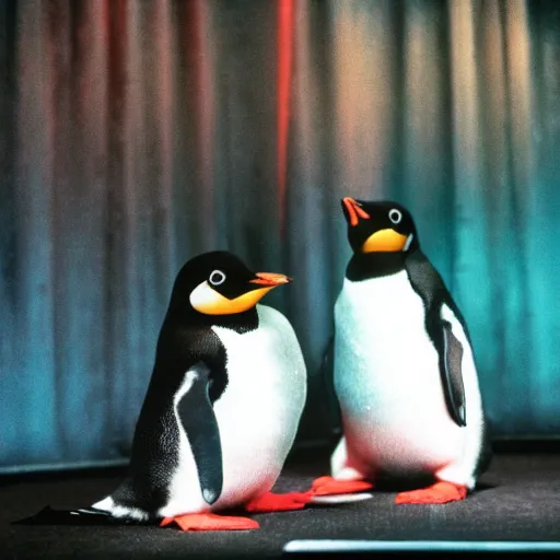 Image similar to two penguins in disco nightclub, ektachrome,