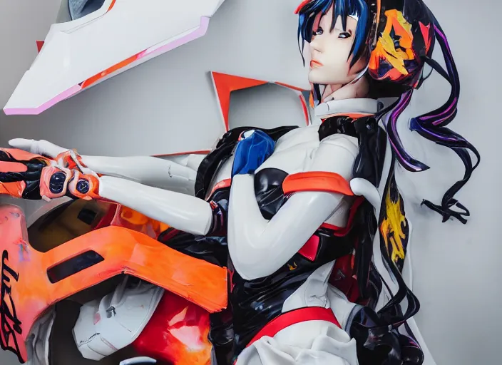 Prompt: extremely beautiful photo of a white marble statue of an anime girl with colorful motocross logos and motorcycle helmet with closed visor, colorful smoke in the background, carved marble statue, fine art, neon genesis evangelion, virgil abloh, offwhite, denoise, highly detailed, 8 k, hyperreal