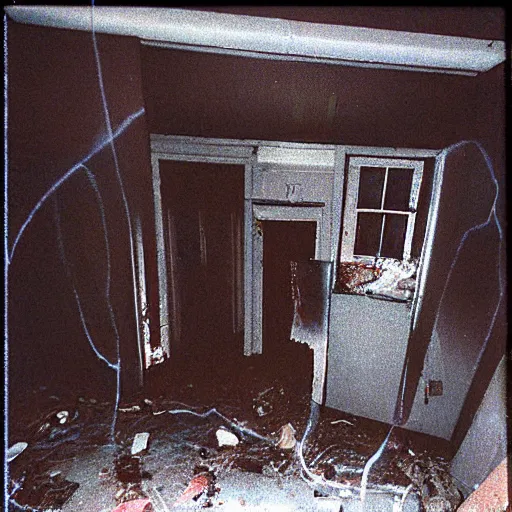 Prompt: 1 9 9 3, disposable camera, flash, old abandoned house, creature standing, meat, ooze, slime, veins, wet