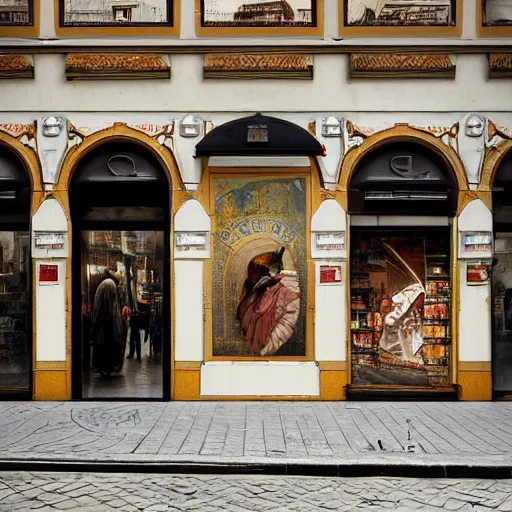 Prompt: a convenience store of portugal lisbon on the street art by Greg Rutkowski, highly logical and striking detailed architecture by alphonse mucha, Directed by West Anderson