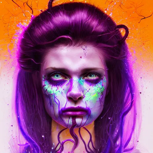 Image similar to detailed photo portrait of a furious teen girl with thin, hair-like purple tentacles on her head and bright purple eyes, 8k,by tristan eaton, Stanley Artgermm,Tom Bagshaw,Greg Rutkowski,Carne Griffiths,trending on DeviantArt, face enhance,hyper detailed ,full of colour, dramatic lightning