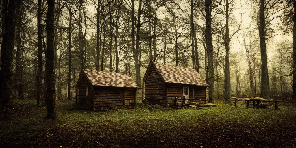 Prompt: a cottage in the woods and empty woods, 80mm lens, 8k, fantasy, hyper realistic, dramatic lighting, cinematic