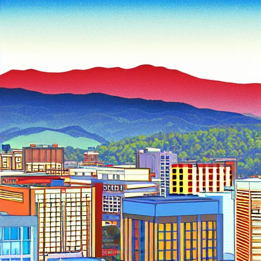 Image similar to asheville skyline, digital art, utamaro kitagawa style