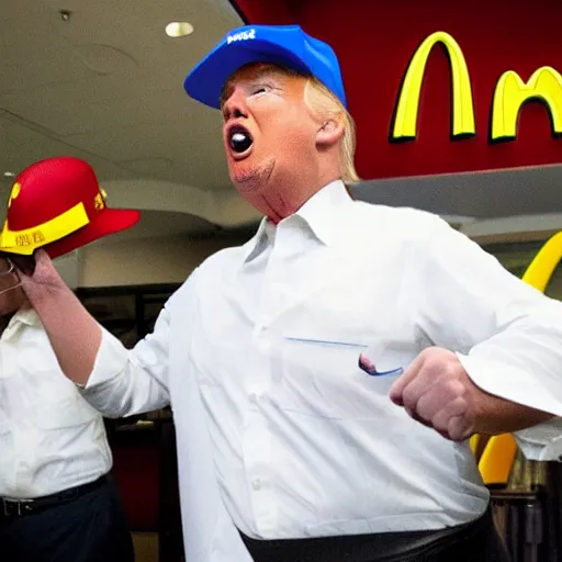 Image similar to donald trump wearing a mcdonalds uniform while working at mcdonalds