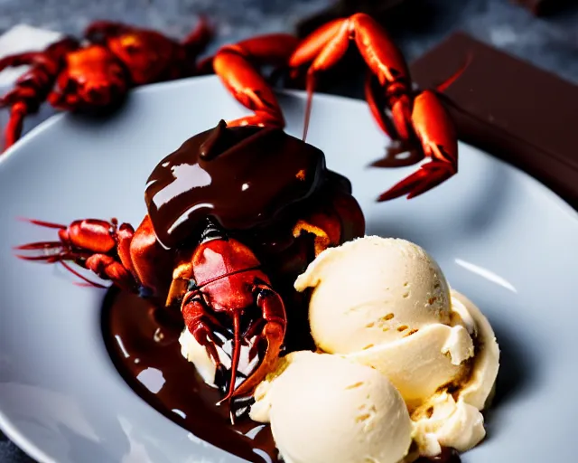 Image similar to dslr food photograph of a plate of vanilla ice cream with a crawfish, some chocolate sauce, 8 5 mm f 1. 4