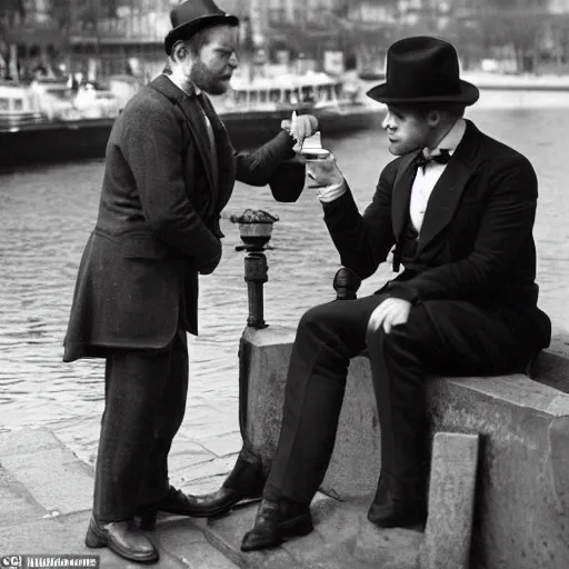 Image similar to mcgregor is dressed as a gentleman at early 2 0 th century paris. he is having a coffee at the banks of river seine. ewan mcgregor has a coffee cup on his hand. next to him is a small brown cat with yellow glowing eyes, by jack kirby