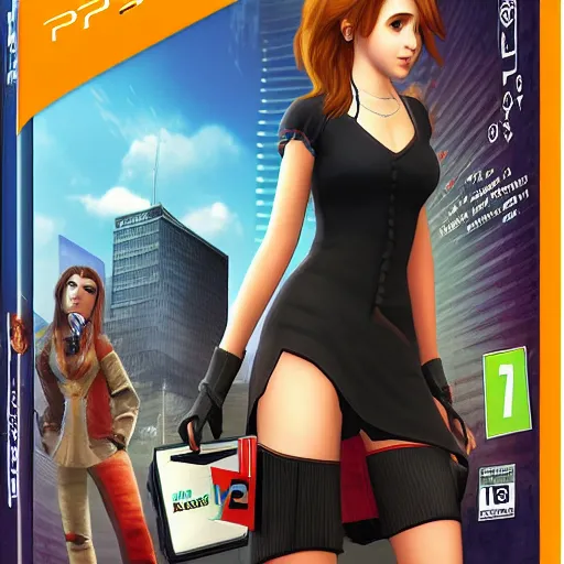 Image similar to ps 2 game box keyart, emma watson the sims, playstation 2, oldschool