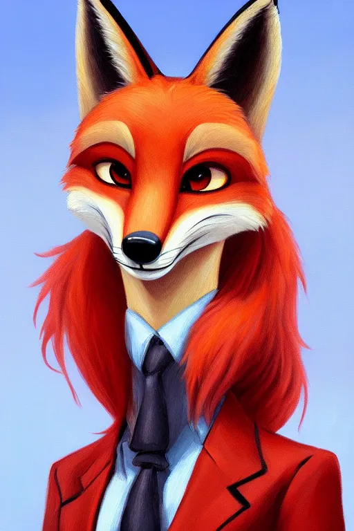 Image similar to oil painting of anthromorphic female fox, in style of zootopia, female fursona, furry, furaffinity, 4 k, deviantart, furry art, fursona art, wearing black business suit, business suit, fox fursona, female, smug expression,