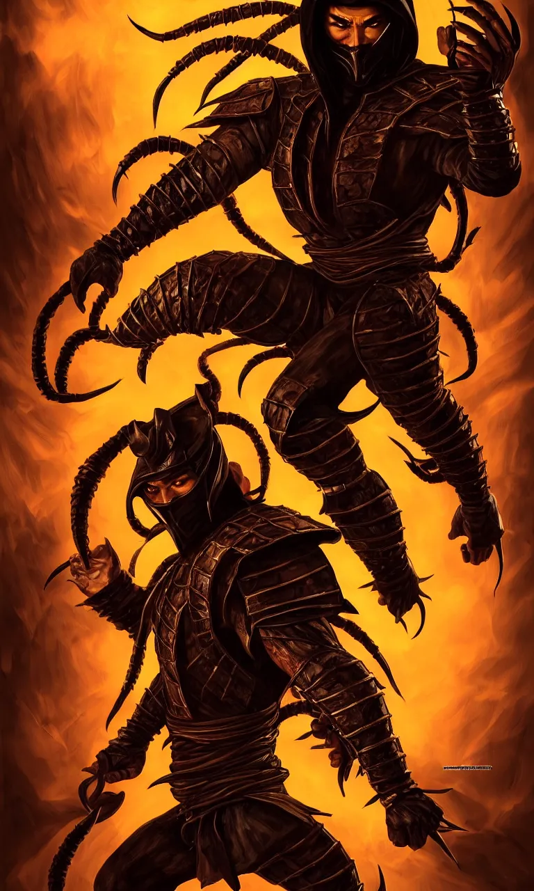 Image similar to portrait of hanzo hasashi scorpion from mortal kombat in the gates of hell, full body shot,, walking towards the camera, camera pulled back far, highly detailed dramatic lighting, artstation, atmospheric perspective, artgerm, mk ninja, epic ninja suit, intense contrast, 3 light sources, by lee bermejo, alphonse mucha and greg rutkowski