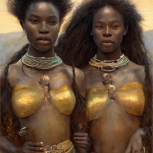 Prompt: beautiful Zulu goddesses holding hands, focused, worried, highly detailed, artstation, concept art, sharp, illustration, art by Edgar Maxence and Ross Tran and Michael Whelan