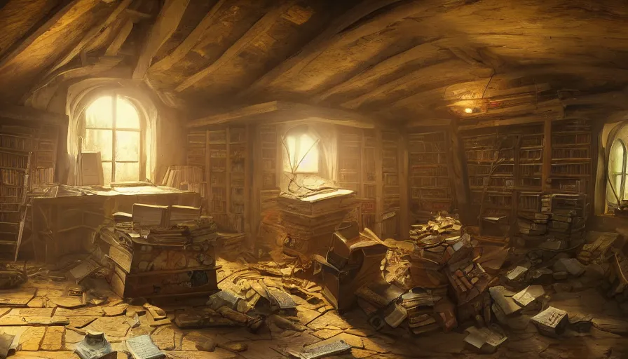 Prompt: old treasure chest in an abandoned 1 7 0 0's attic with old library covereb by dust and cobwebs, hyperdetailed, artstation, cgsociety, 8 k