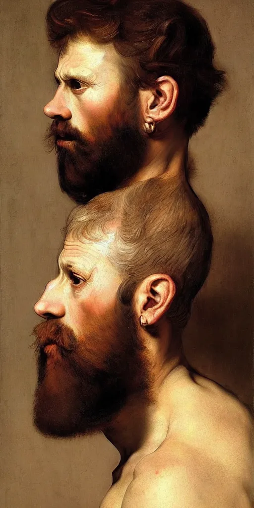 Prompt: middle-aged gigachad with short light brown hair and short beard, very realistic, very detailed, 4k masterpiece, (cyberpunk), art by Caravaggio, art by Rembrandt, art by Boughuereau