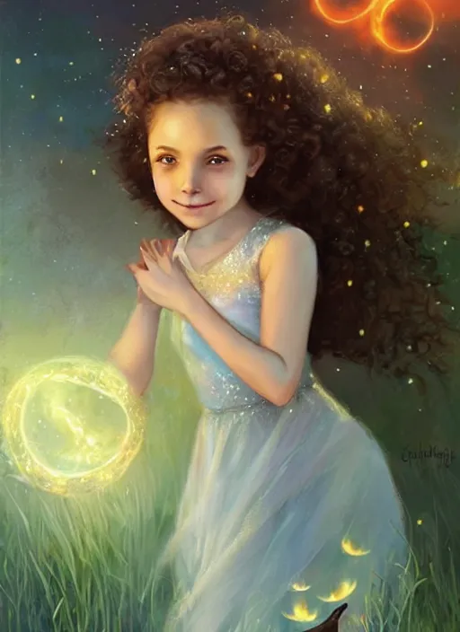 Prompt: A cute little girl with short curly brown hair with a happy expression wearing a summer dress dancing with fireflies, she is in the distance. beautiful fantasy art by Charlie Bowater.