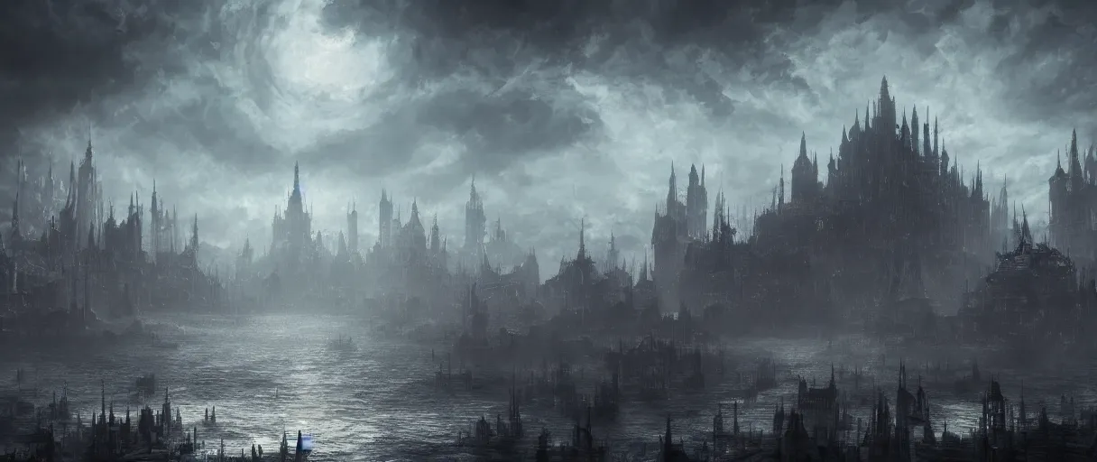 Image similar to large floating cities on top of huge floating islands, terrain visible from beneath, in the clouds, concept art, digital painting, in the style of Bloodborne, dark souls, demon souls, dark, night time, volumetric lighting, large scale, high detail, trending on art station, view from afar