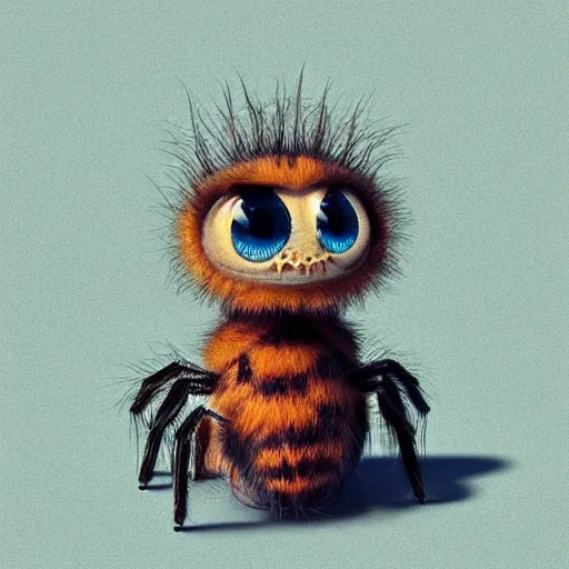 Image similar to a bottle with a cute small fluffy spider with huge eyes inside, digital illustration, cartoon creature, vivid color, soft light, nice, cute, beautiful, masterpiece, tranding on artstation, very detailed, 3 d render, by pixar