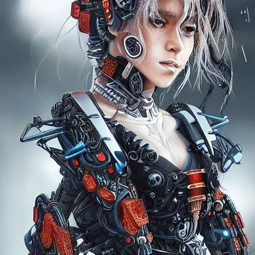 Image similar to Shakira as a samurai cyborg, mech, cyberpunk, intricate details, highly detailed, concept art. Art by Nivanh Chanthara