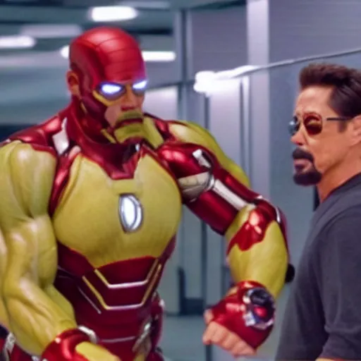 Image similar to hulk hogan punches tony stark, epic scene, cinematic