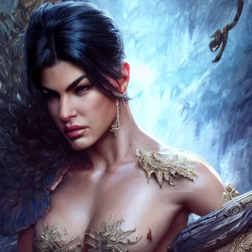 Prompt: portrait of muscular jacqueline fernandez back, fantasy, intricate, elegant, highly detailed, digital painting, artstation, concept art, matte, sharp focus, illustration, octane render, unreal engine, art by aenaluck and roberto ferri and greg rutkowski, epic fantasy, digital painting