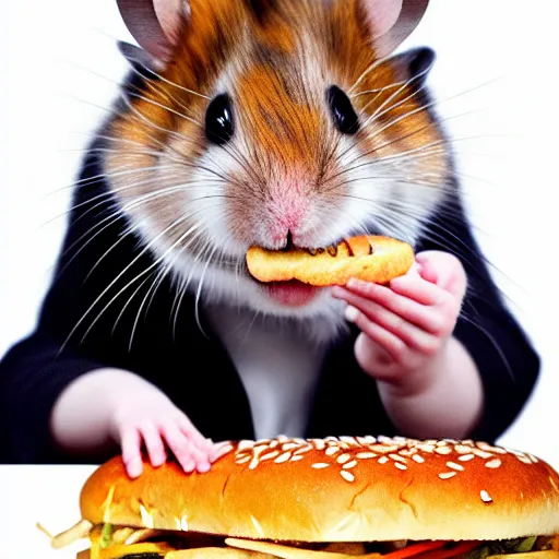 Image similar to a hamster eating a hamburger,photorealiatic,hyperdetailed,hyperrealistic,studio lighting,studio photography,professional photography,professional lighting,detailed face,3 point lighting,4k