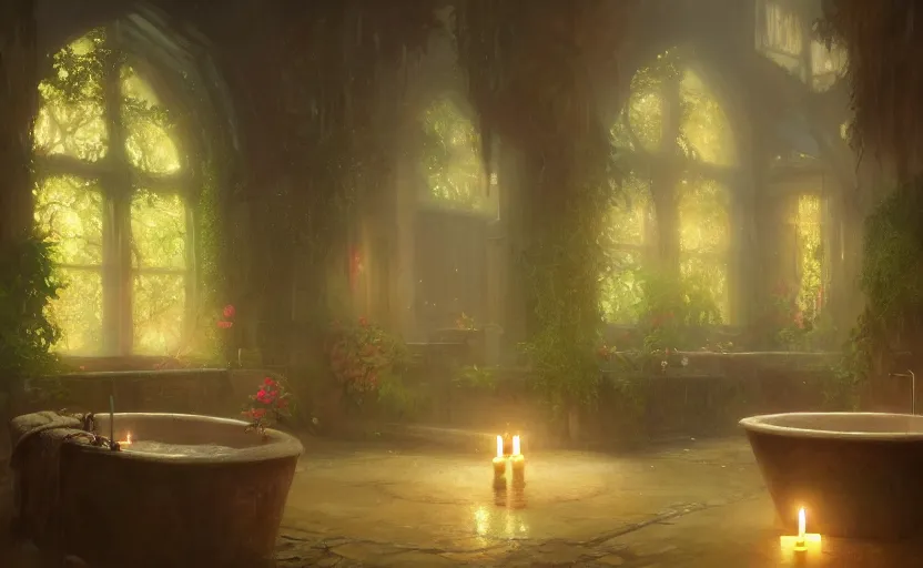 Image similar to painting of an interior of a bath house with candles, fantasy, lush plants and flowers, natural light, concept art, by greg rutkowski and craig mullins, cozy atmospheric and cinematic lighting, trending on artstation