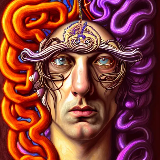 Prompt: an extremely psychedelic portrait of aleistercrowley as medusa, surreal, lsd, face, detailed, intricate, elegant, lithe, highly detailed, digital painting, artstation, concept art, smooth, sharp focus, illustration