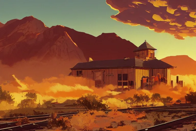 Image similar to idyllic old western train station illustration by syd mead, artstation, 4 k, graphic novel, concept art, matte painting, steam engine spewing billowy clouds of steam, beautiful mountain desert sunset background, golden hour