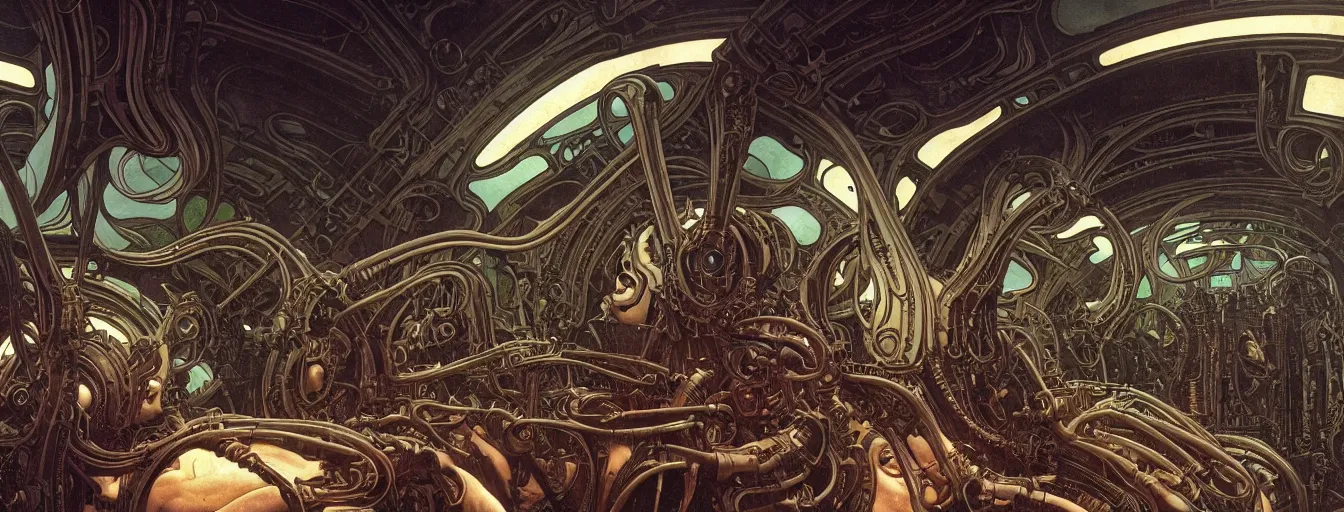 Image similar to doom, elden ring themed cinematic shot of the interior of a sf spaceship made with biomechanical architecture and highly advanced technology, intricate linework, style of moebius comic art, alphonse mucha, h. r. giger