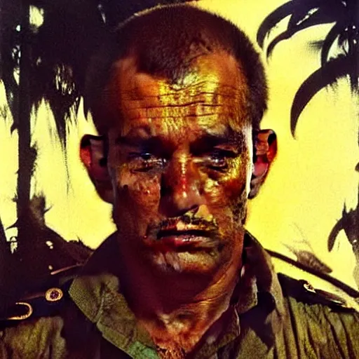 Image similar to a portrait of captain willard in apocalypse now 1 9 7 9 cinematic lighting, photorealistic, octane render, 8 k, depth of field, 3 d, art by artgerm and greg rutkowski and alphonse mucha and uang guangjian and gil elvgren and sachin ten, vietnam war, cinematography by francis ford coppola