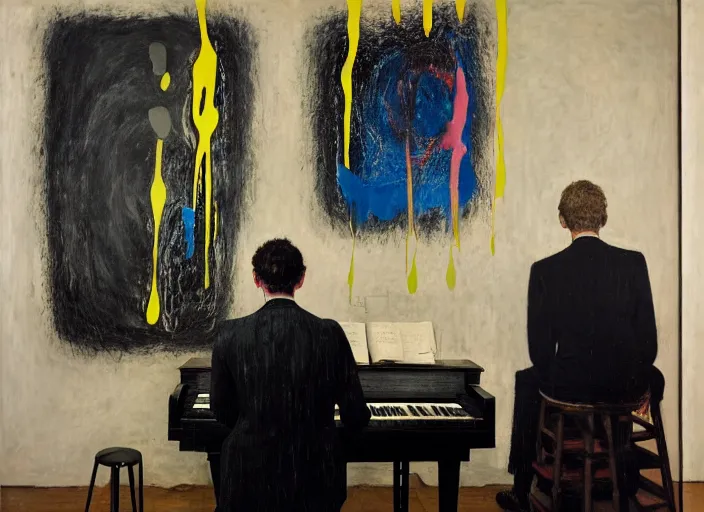 Prompt: portrait of a piano player in suit waiting, vincent lefevre and hernan bas and pat steir and hilma af klint, psychological, photorealistic, dripping paint, washy brush, rendered in octane, altermodern, masterpiece