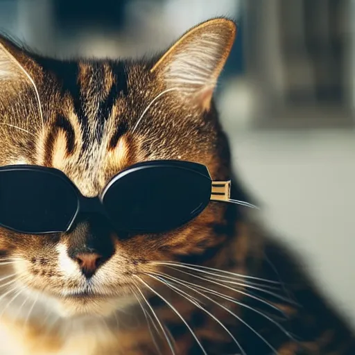Prompt: A cat wearing sunglasses and a backwards facing cap
