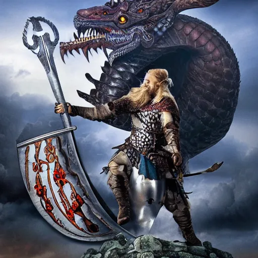 Image similar to viking holding the severed head of donald trump, rides a dragon flying over the white house, 8 k