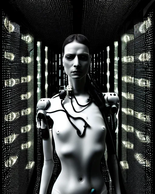 Image similar to black and white cyborg-plant goddess high quality photo, microchip, artificial intelligence, bio-mechanical bio-luminescence, black wired cables, neurons, nerve cells, octane render, cinematic, rim light, hyper realism, photo-realistic, high detail, 8k, masterpiece, high fashion, in the style of Steven Meisel and Dora Maar and H.G. Giger