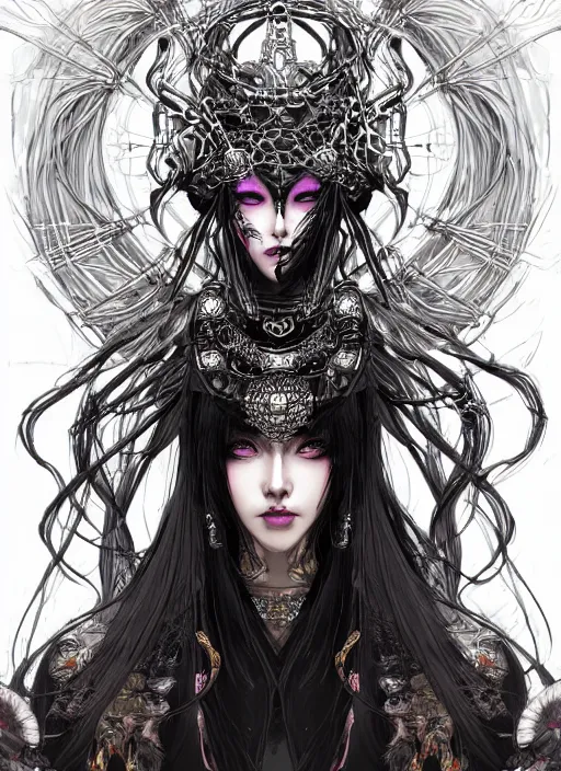 Prompt: portrait of a beautiful female arachnoid priestess in ornate robe and long white hair. in style of yoji shinkawa and hyung - tae kim, trending on artstation, dark fantasy, great composition, concept art, highly detailed, dynamic pose, vibrant colours.