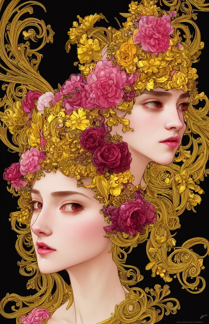 Image similar to beautiful black pink yellow, complicated gold and pink flowers in baroque style headwears, dark fantasy, intricate, elegant, highly detailed, digital painting, artstation, concept art, matte, 3 d 8 k octane rendered, sharp focus, illustration, octane rendered, art by artgerm and alphonse mucha, leesha hannigan