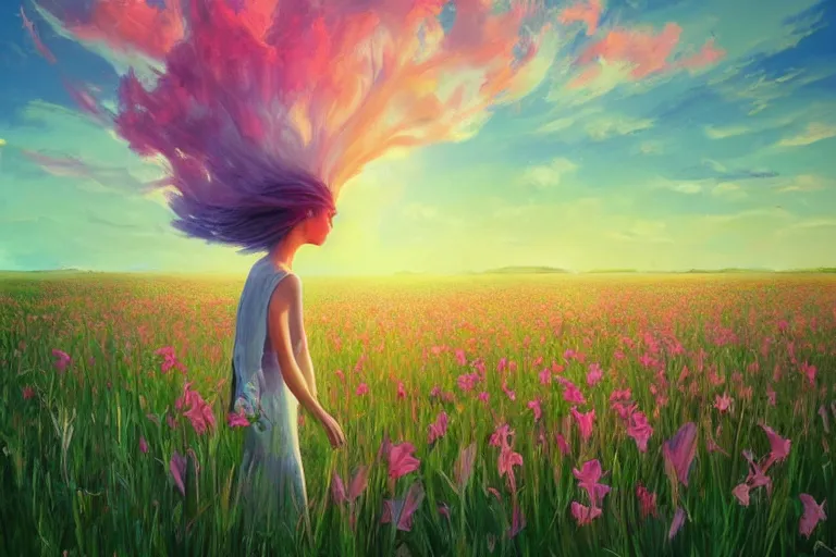 Image similar to giant gladiola head, girl walking in field of flowers, surreal photography, sunrise, blue sky, dramatic light, impressionist painting, digital painting, artstation, simon stalenhag