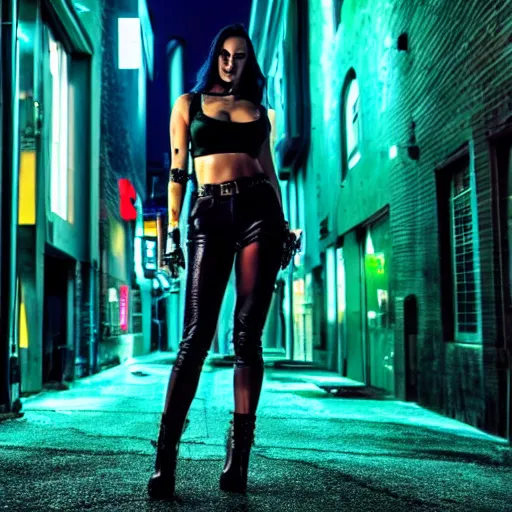 Image similar to cyberpunk megan fox, standing on a cyberpunk street at night, streets are lit with neon lights