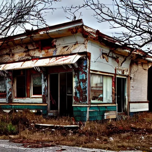 Prompt: abandoned diner with rotting food