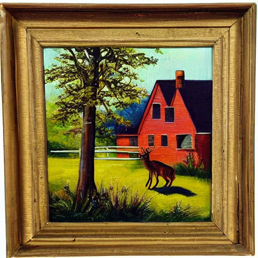 Prompt: “deer by a house oil panting”