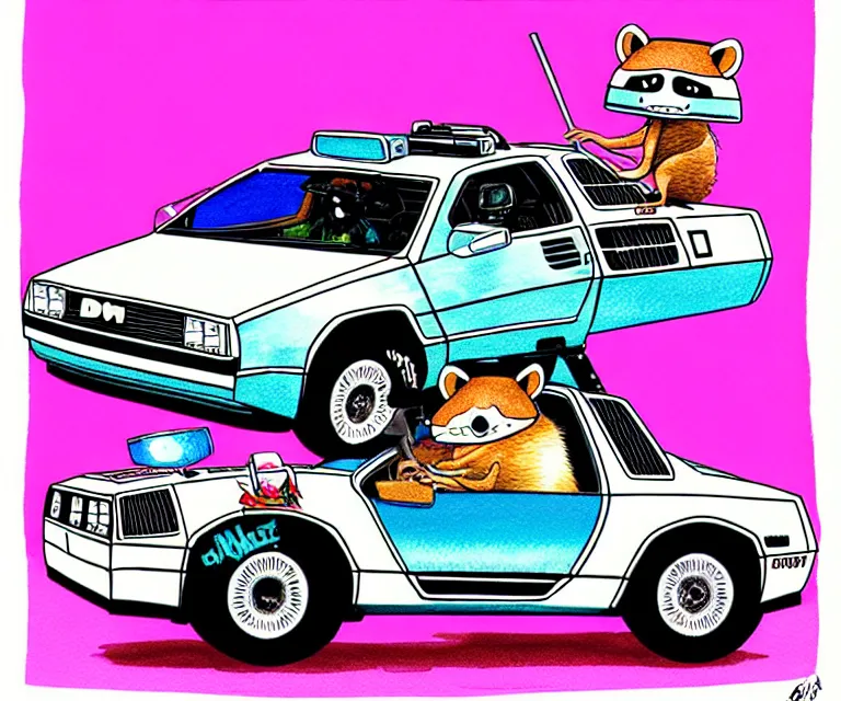 Prompt: cute and funny, ( ( ( ( ( ( racoon ) ) ) ) ) ) wearing a helmet riding in a tiny silver color hot rod dmc delorean with oversized engine, ratfink style by ed roth, centered award winning watercolor pen illustration, colorful isometric illustration by chihiro iwasaki, edited by range murata