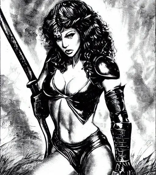 Image similar to 1 9 8 0 s fantasy novel book cover, amazonian taylor swift in extremely tight bikini armor wielding a cartoonishly large sword, exaggerated body features, dark and smoky background, low quality print