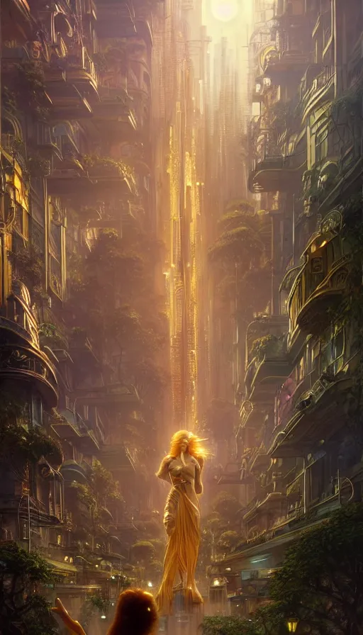 Image similar to golden goddess looking at a hyper realistic cyberpunk city, crowded market street overtaken by lush plants, kittens, full moon, light rays, gnarly trees by tom bagshaw, mucha, gaston bussiere, craig mullins, j. c. leyendecker 8 k