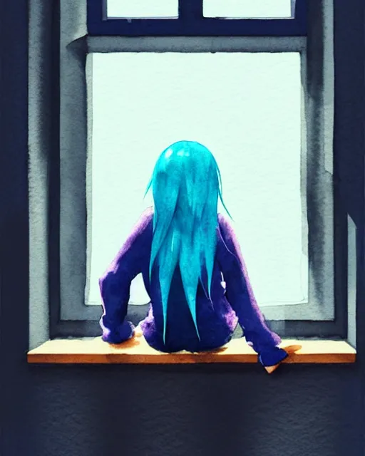 Image similar to watercolor painting of a pretty girl with Blue hair, wearing an oversized sweater, sitting by a windowsill, night. In the style of ilya kuvshinov, dramatic lighting, fantasy, intricate, elegant, highly detailed, lifelike, photorealistic, digital painting, bokeh, HDR, high resolution, artstation, concept art, smooth, sharp focus, art by Krenz Cushart and Albert Aublet